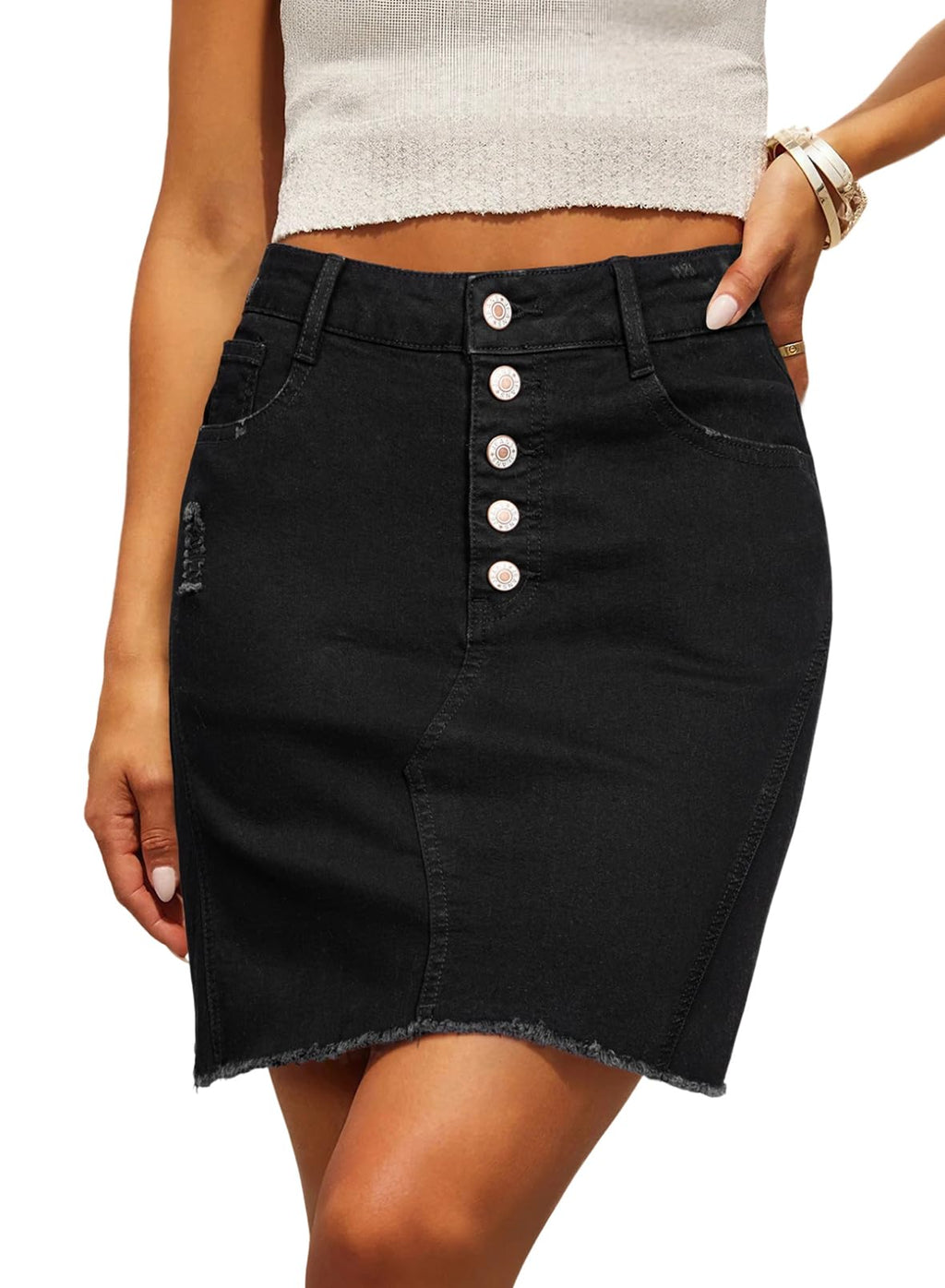 Denim Skirt — Stretchy, Distressed, Raw Hem