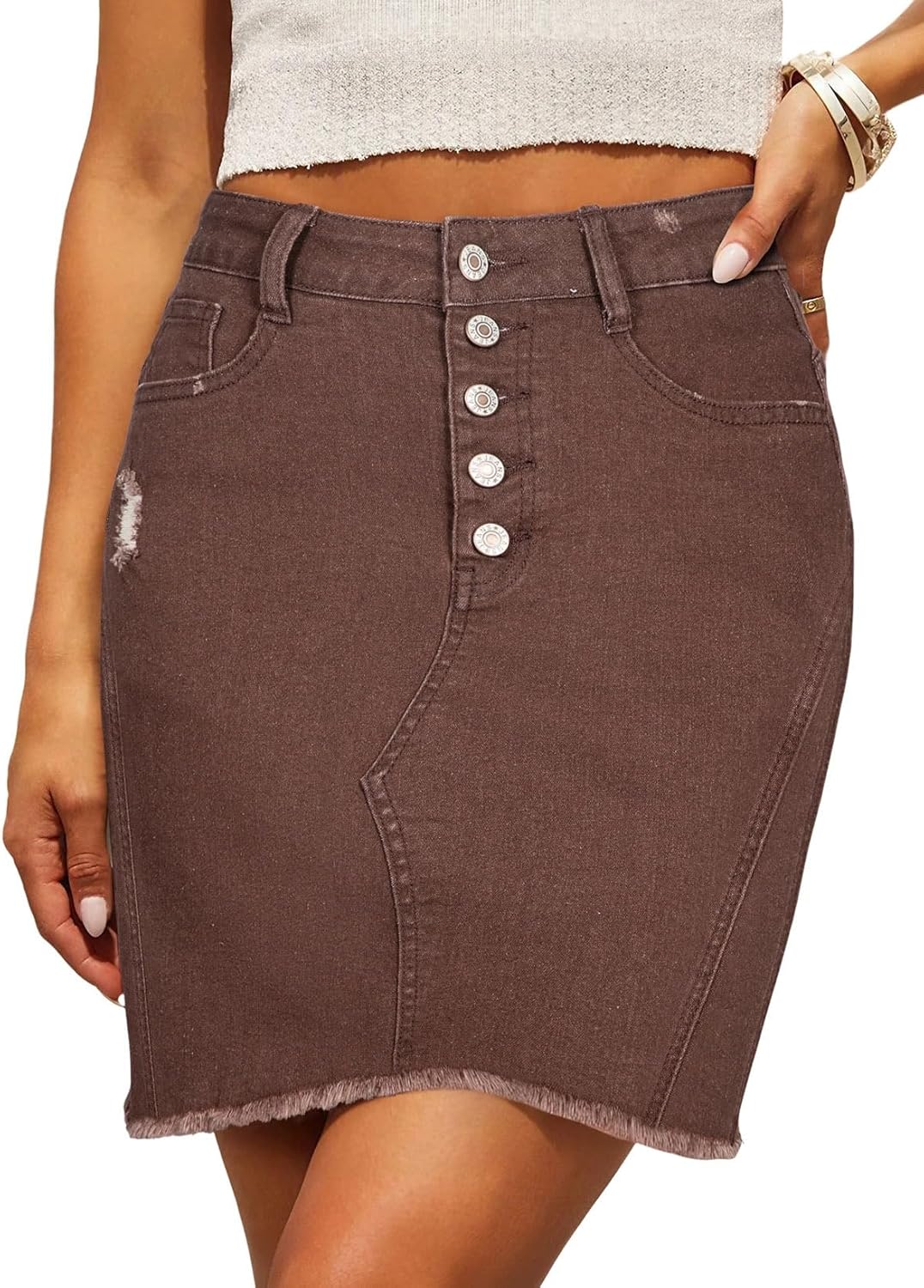 Denim Skirt — Stretchy, Distressed, Raw Hem