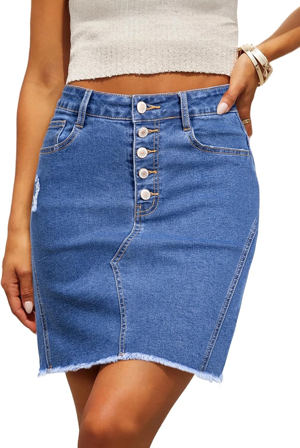 Denim Skirt — Stretchy, Distressed, Raw Hem