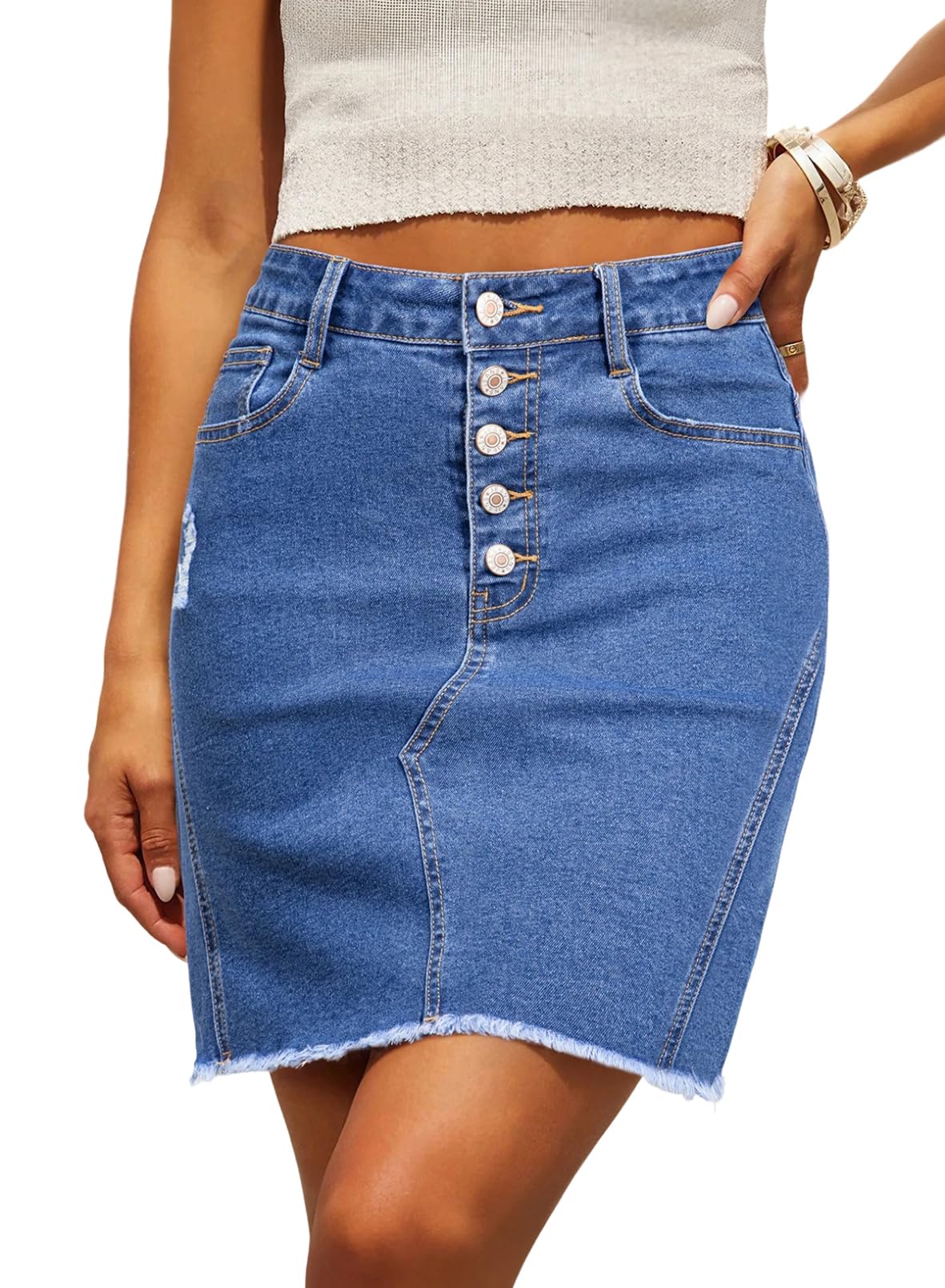 Denim Skirt — Stretchy, Distressed, Raw Hem