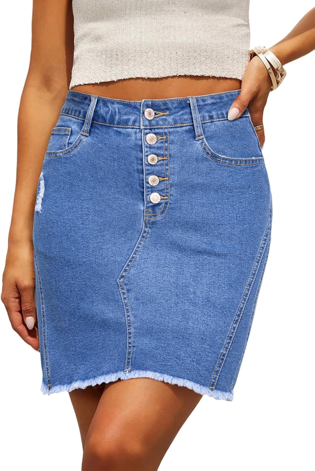 Denim Skirt — Stretchy, Distressed, Raw Hem