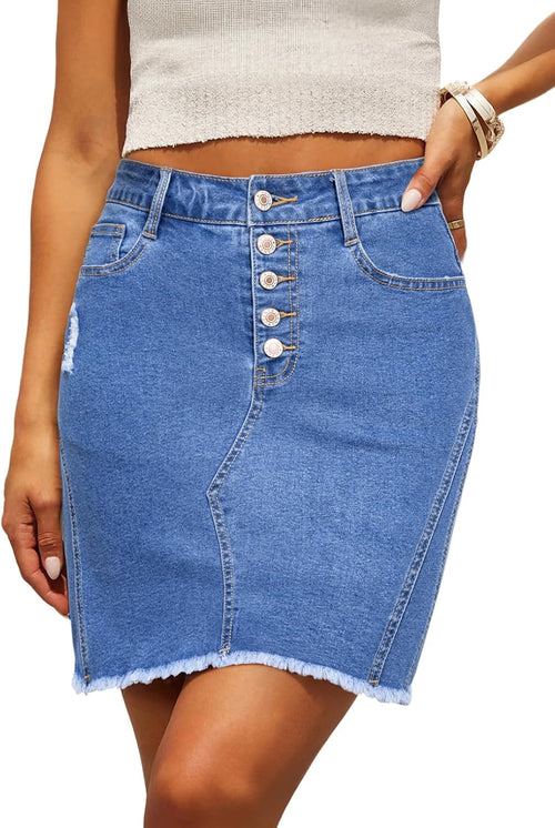 Denim Skirt — Stretchy, Distressed, Raw Hem