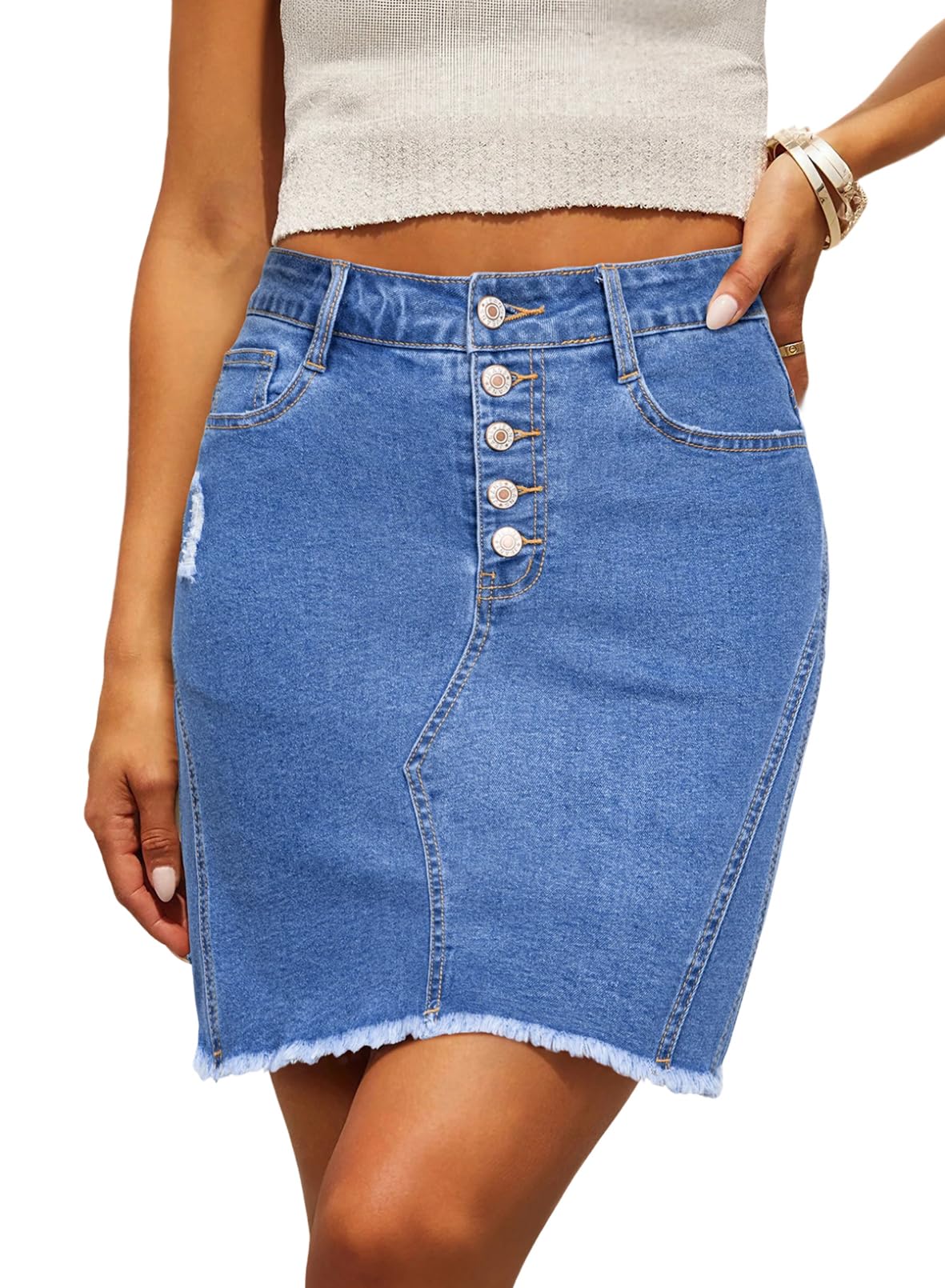 Denim Skirt — Stretchy, Distressed, Raw Hem