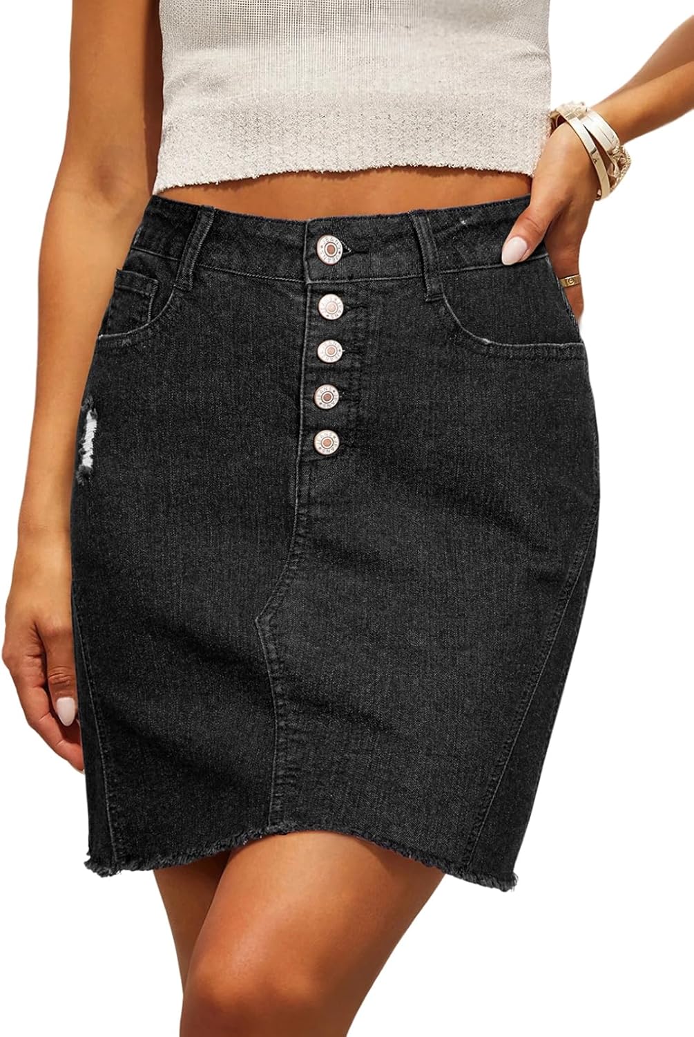 Denim Skirt — Stretchy, Distressed, Raw Hem