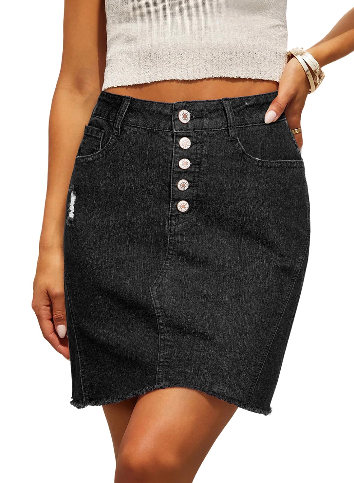 Denim Skirt — Stretchy, Distressed, Raw Hem