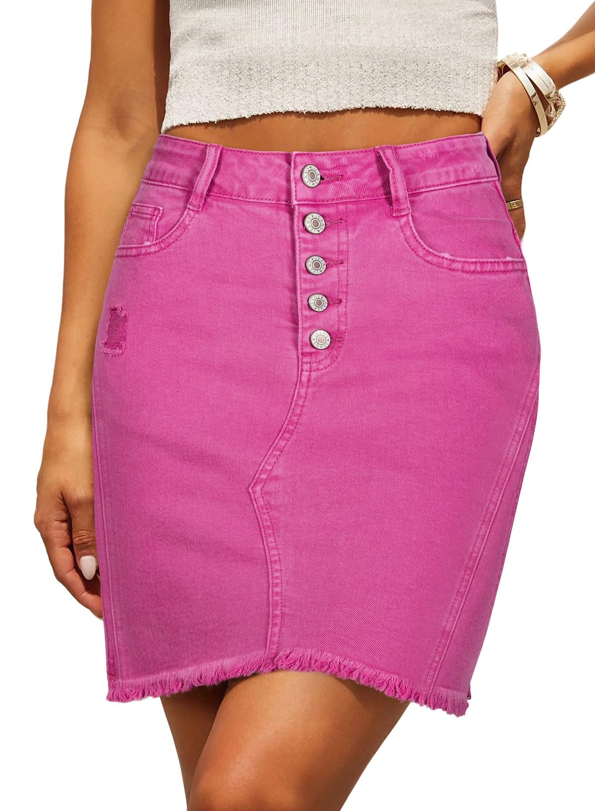 Denim Skirt — Stretchy, Distressed, Raw Hem