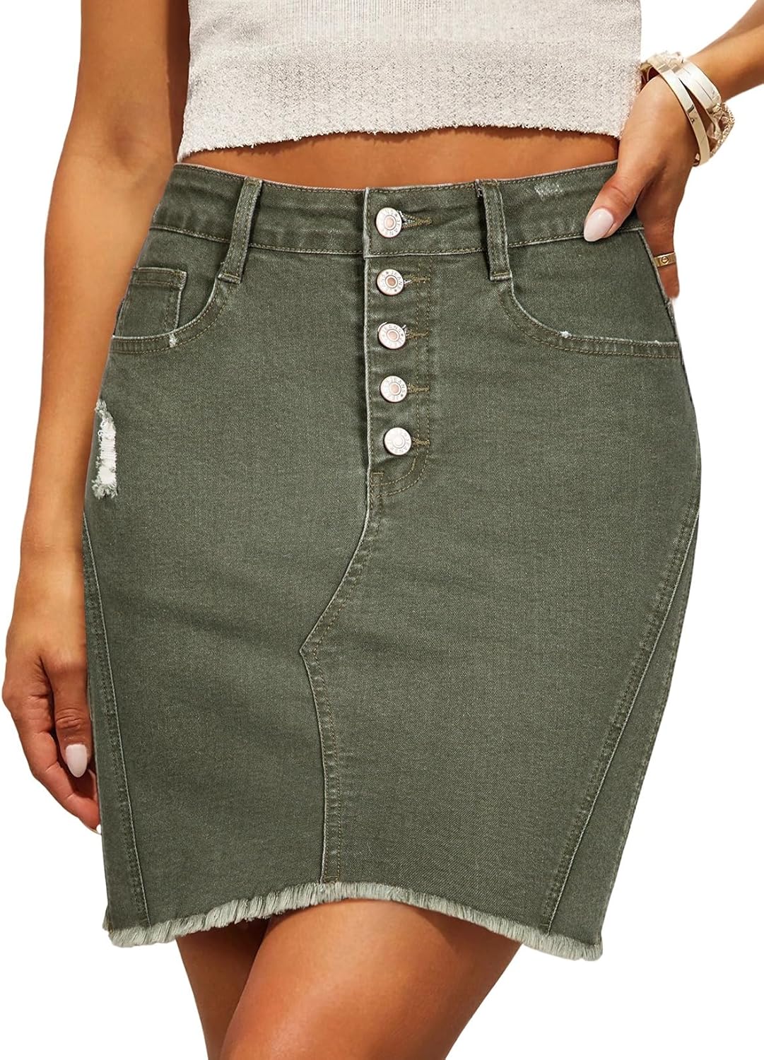 Denim Skirt — Stretchy, Distressed, Raw Hem