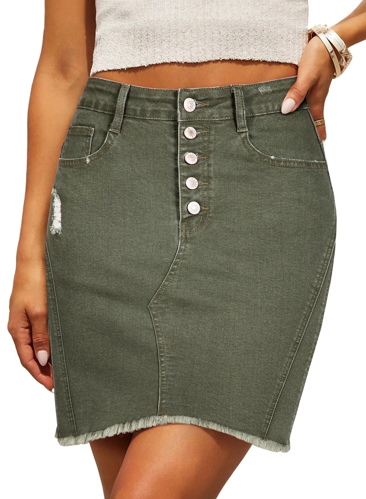 Denim Skirt — Stretchy, Distressed, Raw Hem