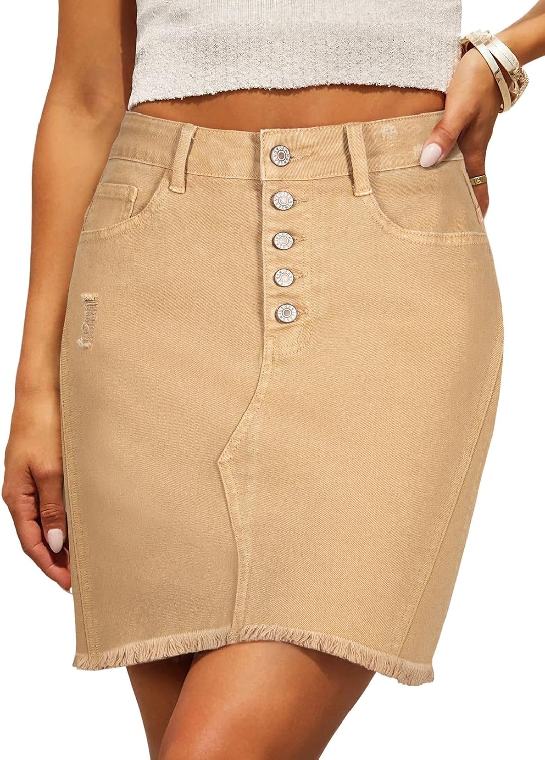 Denim Skirt — Stretchy, Distressed, Raw Hem