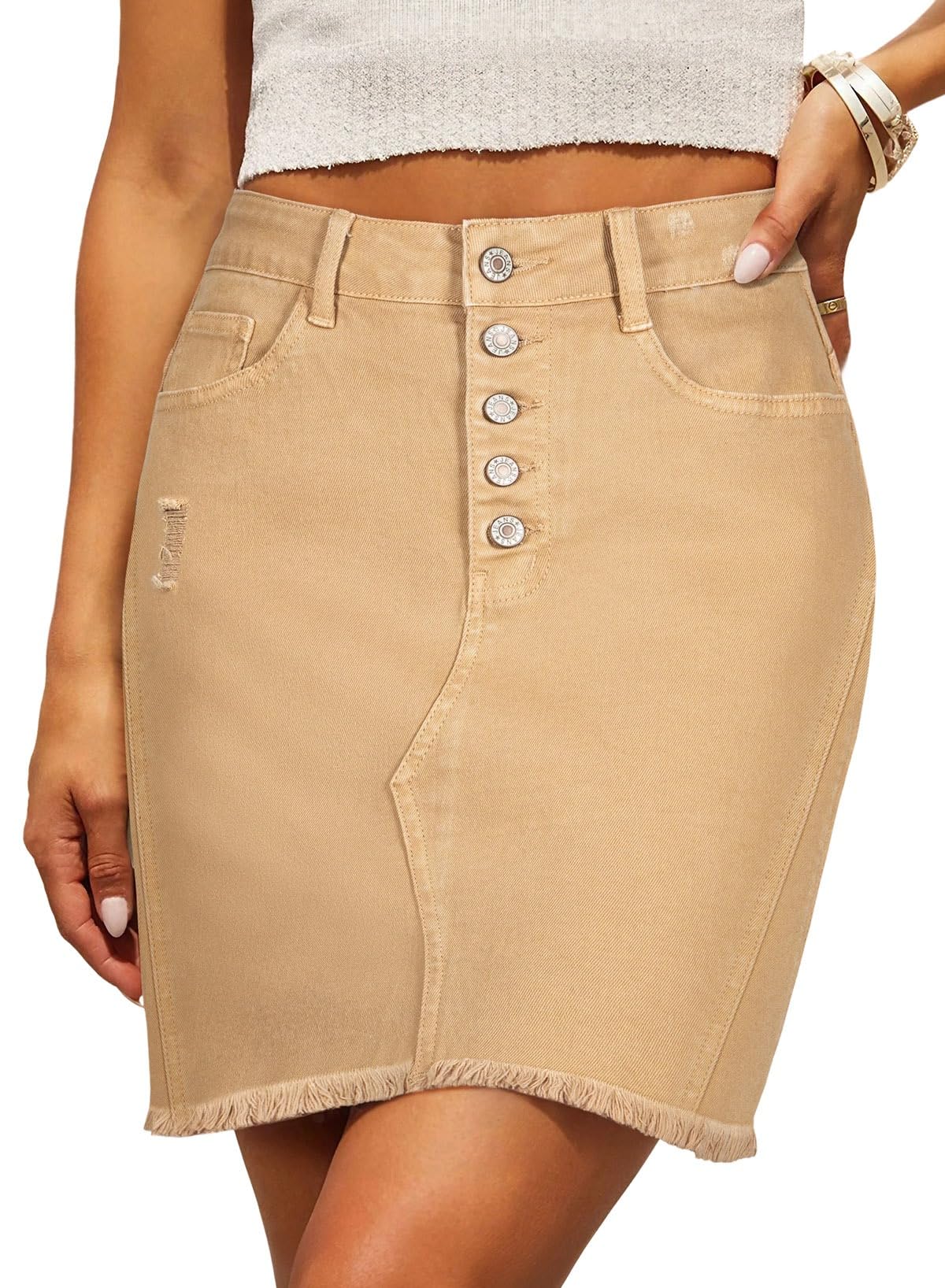 Denim Skirt — Stretchy, Distressed, Raw Hem
