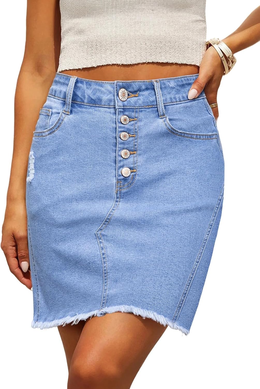 Denim Skirt — Stretchy, Distressed, Raw Hem