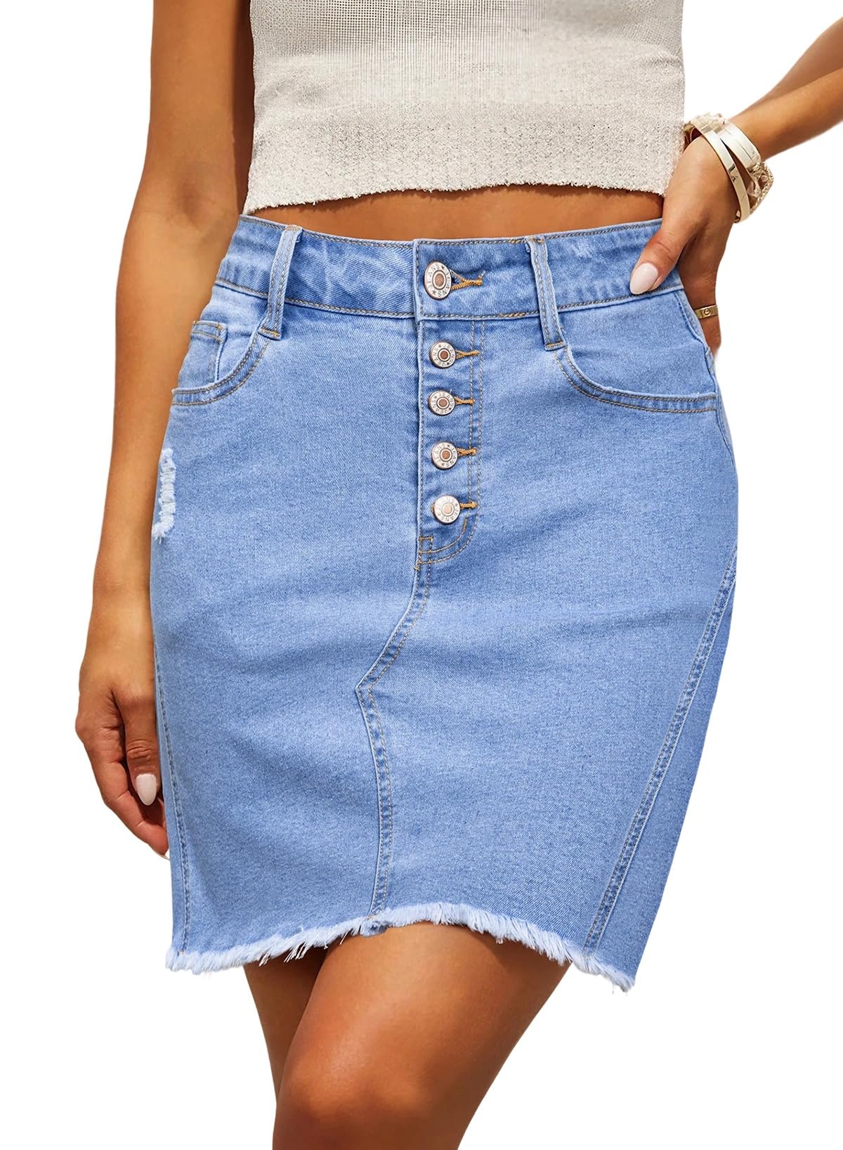 Denim Skirt — Stretchy, Distressed, Raw Hem