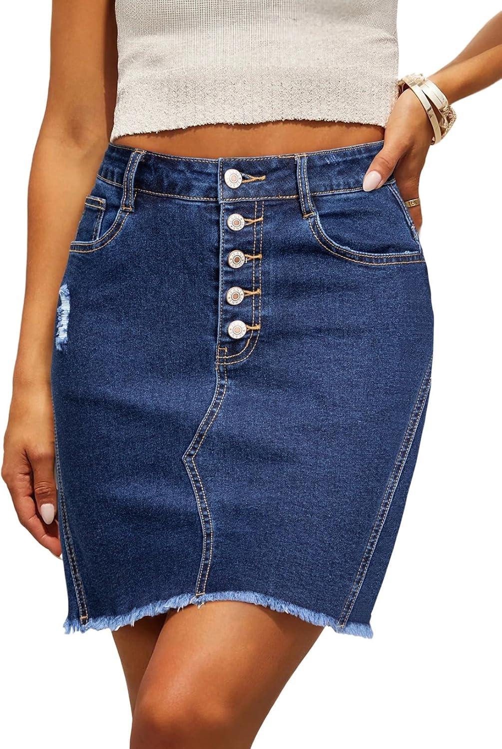 Denim Skirt — Stretchy, Distressed, Raw Hem