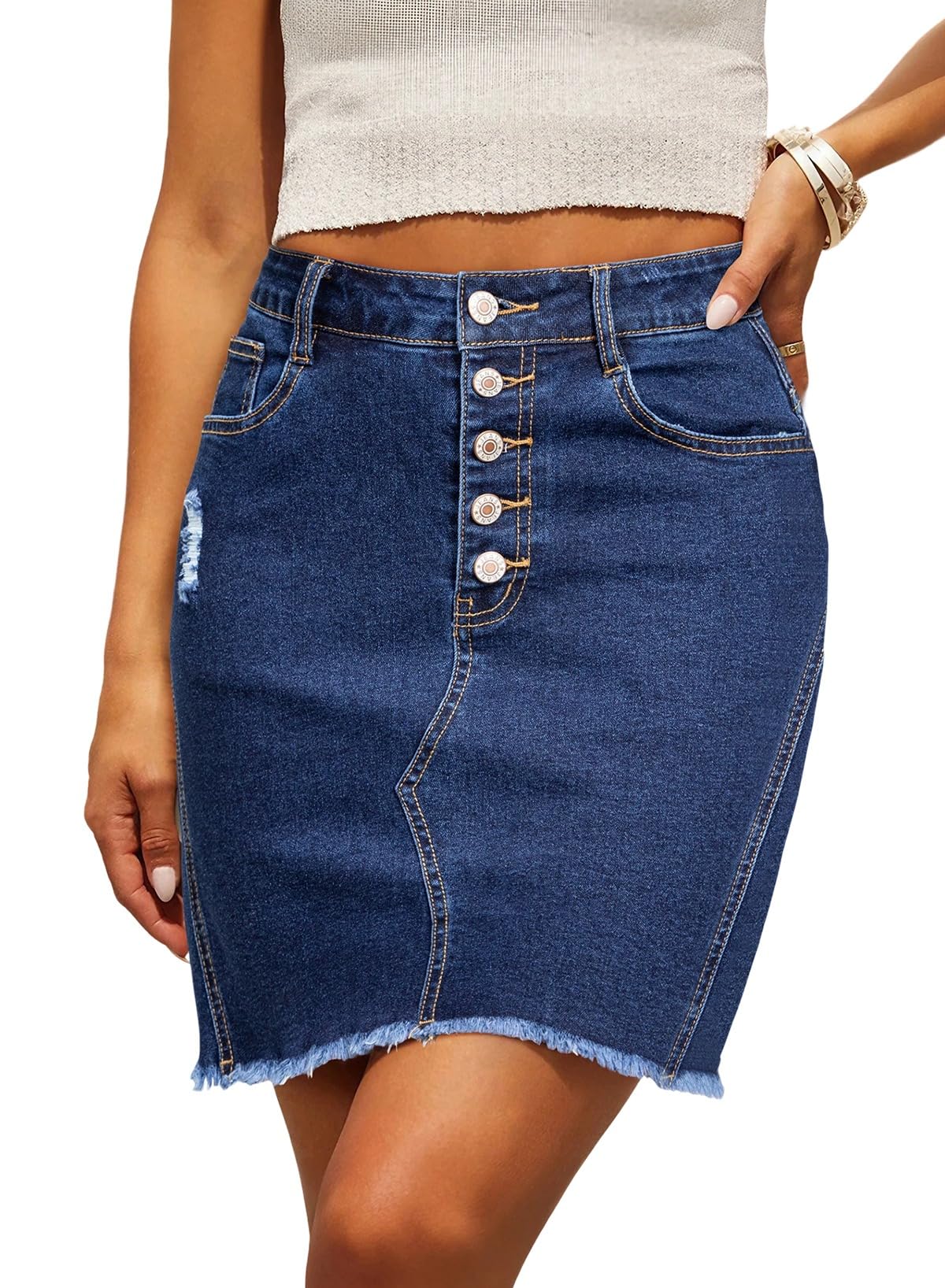 Denim Skirt — Stretchy, Distressed, Raw Hem